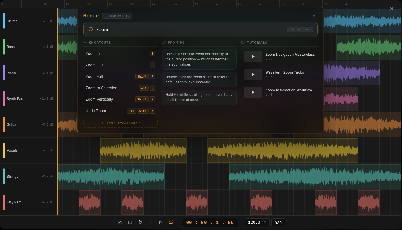 Recue search panel overlaid on a DAW — showing shortcuts, pro tips and tutorials for &ldquo;zoom&rdquo;